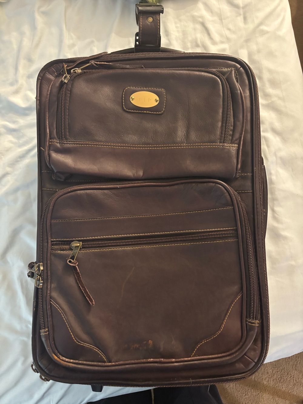 ORVIS Vintage Leather Brown Rolling Suitcase Carry On Luggage Garment Bag